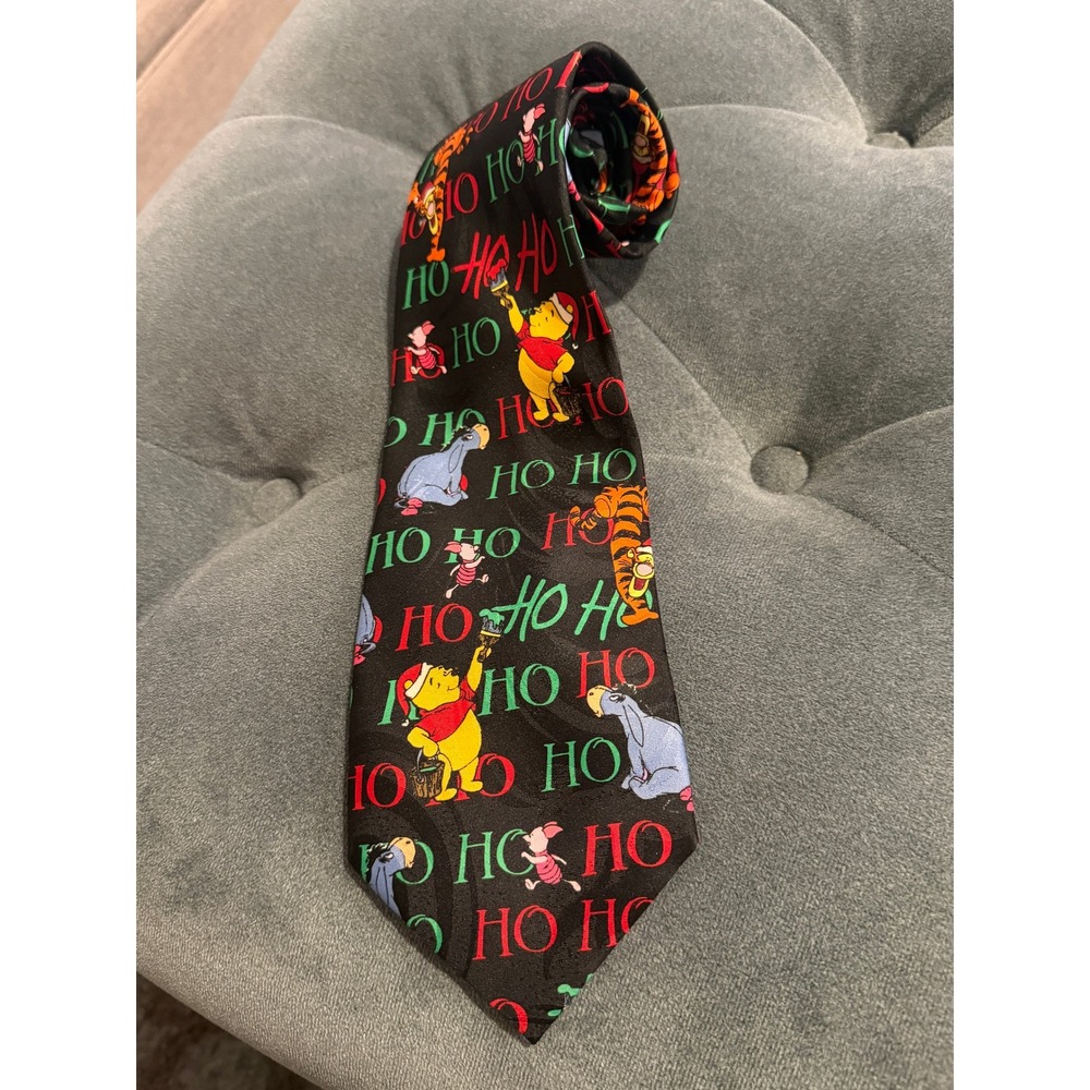 Disney Winnie the Pooh Christmas Tie Mens Black Ho Ho Ho Tigger Eeyore Holiday